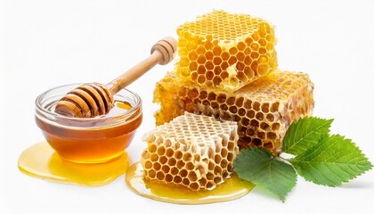 honeycomb set isolated on white background wooden honey dippers