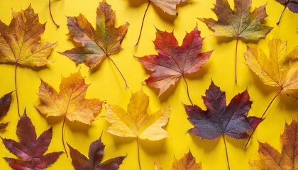 Naklejka na ściany i meble pattern of autumn leaves on a bright yellow background