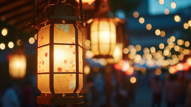 Conceptual images of Japanese festival lights close up, during matsuri festival in Japan, capturing the spirit of celebration