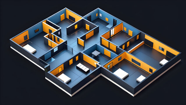 modern interior design, isolated floor plan with black walls, blueprint of apartment, house, furniture, isometric, perspective view, 3d rendering. 3D floor plan isolated on a black background.