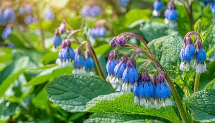 bright blue comfrey flowers symphytum close up against a background of green leaves in a flower garden - obrazy, fototapety, plakaty