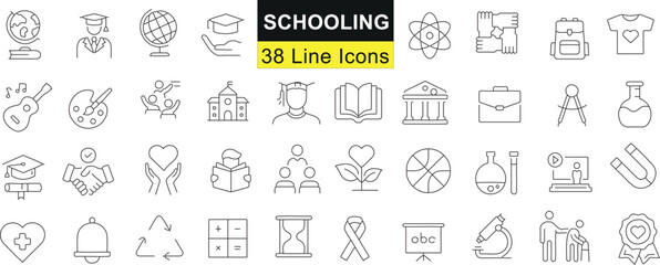 38 schooling line icons set. Education focused, Includes books, globe, graduation cap, microscope, paint palette. Perfect for educational websites, apps. Minimalist design, black outlines on white bac