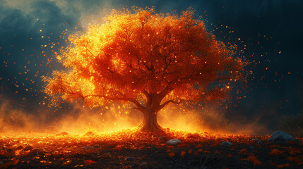 a tree in autumn, ablaze with colors of fire.  - obrazy, fototapety, plakaty