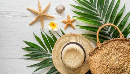 woman s beach accessories rattan bag straw hat tropical palm leaves model planerplane on white background the concept of travel summer background flat lay top view - obrazy, fototapety, plakaty