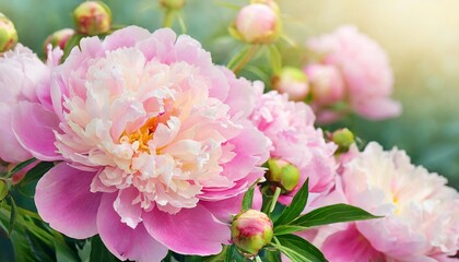 Obraz premium summer blossoming delicate peony blooming flowers festive background pastel and soft bouquet floral card selective focus shallow dof
