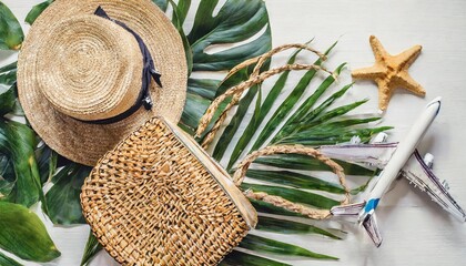 woman s beach accessories rattan bag straw hat tropical palm leaves model planerplane on white background the concept of travel summer background flat lay top view