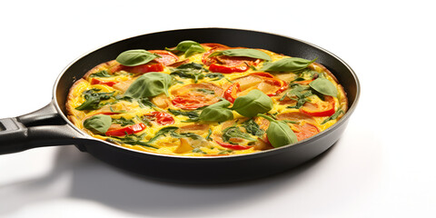 Omelette with mushrooms and fresh vegetables and nuts on a frying pan on a wooden background