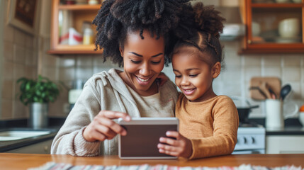 Fototapeta na wymiar Beautiful smiling dark-skinned mum and young daughter looking at a tablet and smiling in the kitchen, electronic recipes cooking