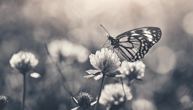 beautiful spring wild meadow clover flowers butterfly color spot on black and white macro soft focus nature background toned image nature floral springtime copy space hope concept