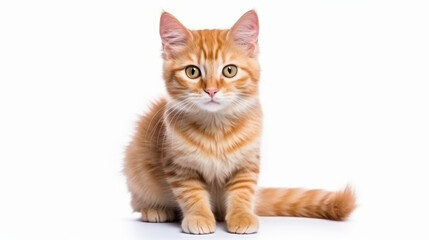 Cute orange cat on a white background. Copy space. - obrazy, fototapety, plakaty