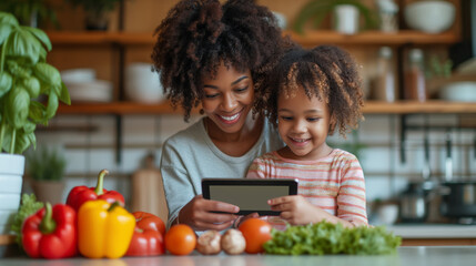 Beautiful smiling dark-skinned mum and young daughter looking at a tablet and smiling in the kitchen, electronic recipes cooking