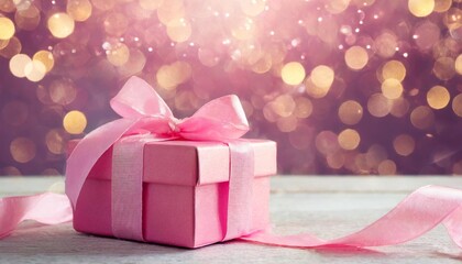 Fototapeta premium pink gift box with ribbon with pink bokeh background valentine s day design with copy space