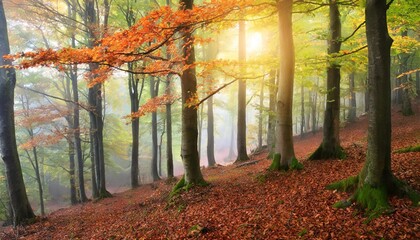 autumn beech forest on misty weather during sunrise