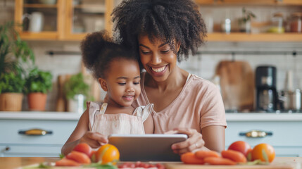 Beautiful smiling dark-skinned mum and young daughter looking at a tablet and smiling in the kitchen, electronic recipes cooking - obrazy, fototapety, plakaty