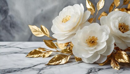 background with a white marble or granite texture and mix of white luxurious flowers and golden...