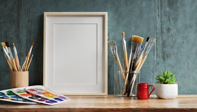 mockup poster frame on table with painting supplies 3d render