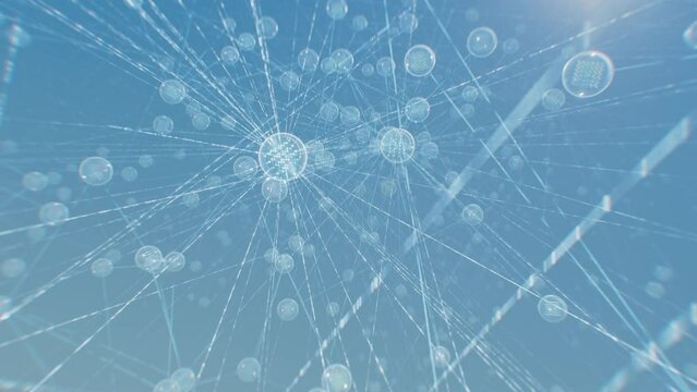 Slowly Moving through Complex AI Network with Connected Data Nodes. Concept: Chatbot, Artificial Intelligence, Deep Learning, Machine Learning and Large Language Model Visualization. Animation Loop