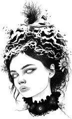 Portrait of Sad Woman Digital Illustration, Rise Sketch with Flowers, Tattoo Design, Hand Drawn Concept Art. - 728418356