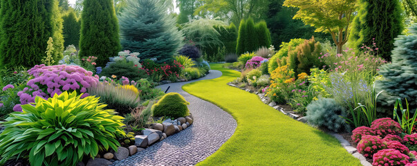 Beautiful coniferous garden with blue spruces, fir trees, thujas, junipers and colourful flowers.