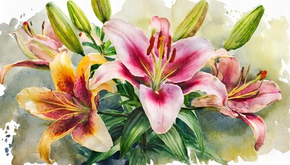 Obraz premium lily flowers isolated on white old watercolor