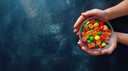 Colorful candies in child's hands on dark background. Top view with copy space
