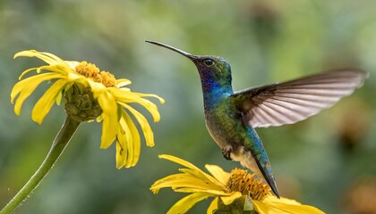 action scene with hummingbird tourmaline sunangel eating nectar from beautiful yellow flower in ecuador