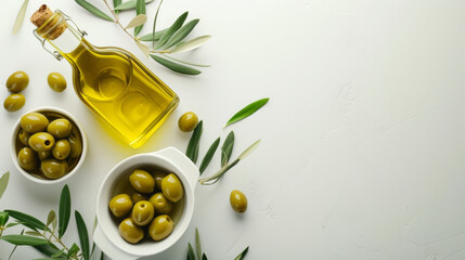 Olives and olive oil in white bowl with bottle of olive oil on white background. Mockup for package. Copy space - obrazy, fototapety, plakaty