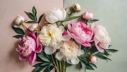 Fototapeta premium sloopy flower bouquet of pink and white peonies flowers over pastel background spring and summer