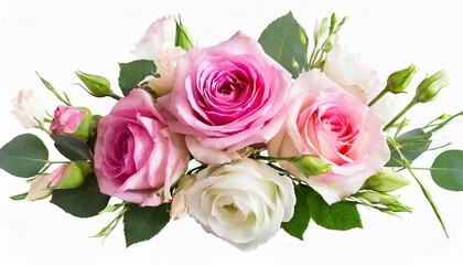 floral corner arrangement with pink roses and eustoma flowers isolated on white or transparent background