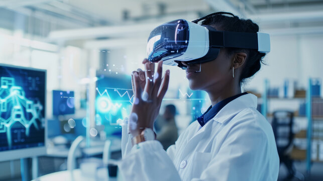 Scientist wearing a VR headset and interacting with virtual reality in the science lab