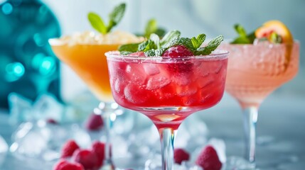 Assorted Fresh Fruit Mocktails specially crafted mixed drinks,. Colorful assortment of refreshing mocktails garnished with fresh berries and mint