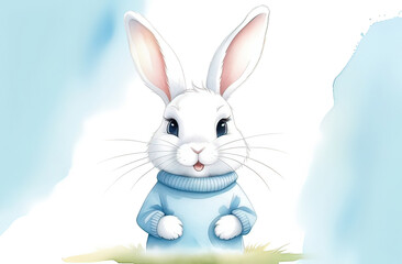 Fototapeta premium white easter rabbit wearing a blue sweater, easter banner, postcard or invitation, banner for an easter sale announcement