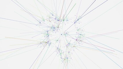 Colorful Visualisation of Expanding and Growing AI Neural Network on White Background. Moving from Center of Large Scale and Complex Web with Nodes and Connections. Concept: Artificial Intelligence