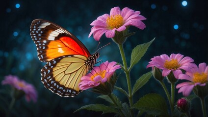 A luminous, colorful butterfly perched on a moonlit flower, its wings glowing softly in the mystical night Generative AI