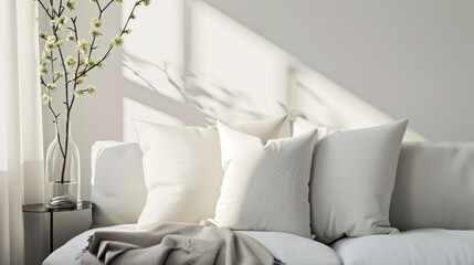 Organic Cotton Pillows on a Cozy Sofa. Natural light illuminates organic cotton pillows on a comfortable sofa, highlighting a serene home decor atmosphere.