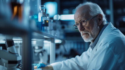 Old man doing working in a realistic lab doing DNA sequencing