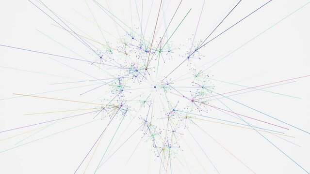 Colorful Visualisation of Expanding and Growing AI Neural Network on White Background. Moving from Center of Large Scale and Complex Web with Nodes and Connections. Concept: Artificial Intelligence