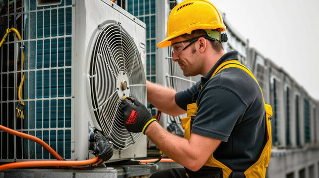 Worker installing an air conditioner on the roof of a building