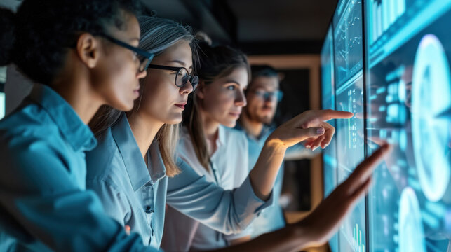 Ethical use of data AI system. diverse group of professionals looking at a large computer screen displaying data graphs. Collaborative effort to identify and mitigate biases in AI data