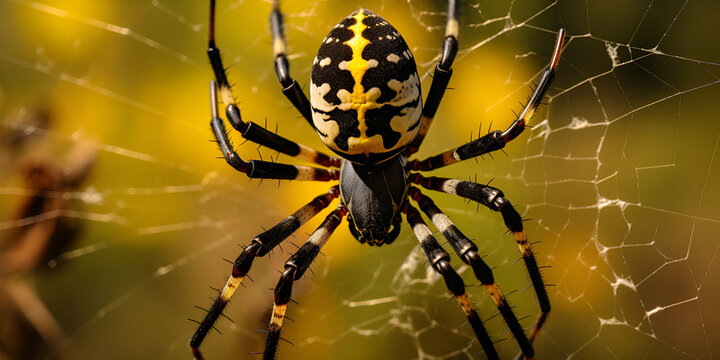 Yellow and Brown Spider Weaving on Intricate Web Background