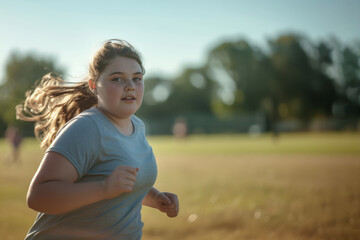 Teenage girl jogging in the morning, tackling childhood obesity, copy space available, fatness, overweight - obrazy, fototapety, plakaty