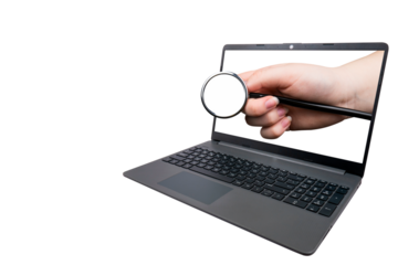 A hand with a medical stethoscope protrudes from a laptop on a transparent background