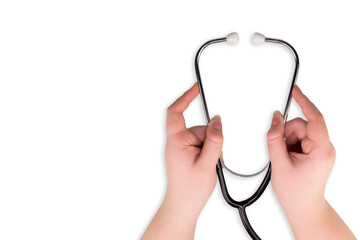 Medical stethoscope in hands, close-up on a transparent background