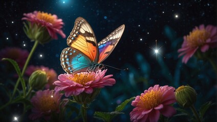 Fototapeta na wymiar A luminous, colorful butterfly perched on a moonlit flower, its wings glowing softly in the mystical night Generative AI