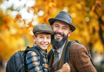 Fototapeta premium Father's day, a joyful father and son, radiating love and happiness, father send child at school on the opening day of school