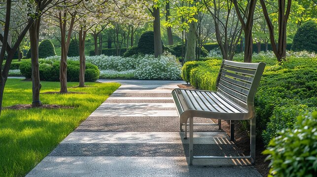 Spring park scene with a modern bench amidst blooming cherry trees