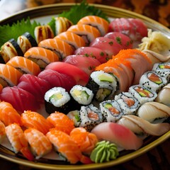 Mixed Sushi Set nigiri, rolls and sashimi served in traditional Japan Sushioke round plate.