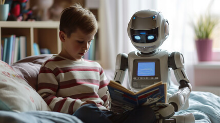 Fototapeta na wymiar A young child engages in learning activities with an educational robot companion in a cozy bedroom setting.