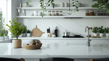 Scandinavian-inspired kitchen interior featuring open shelving, potted plants, and a minimalist aesthetic.