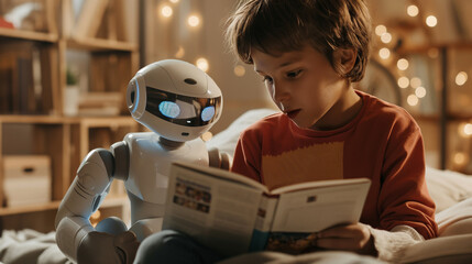 Fototapeta na wymiar In a warmly lit bedroom, a child shares a story with a humanoid robot, symbolizing the intersection of childhood In a warmly lit bedroom, a child shares a story with a humanoid robot, 